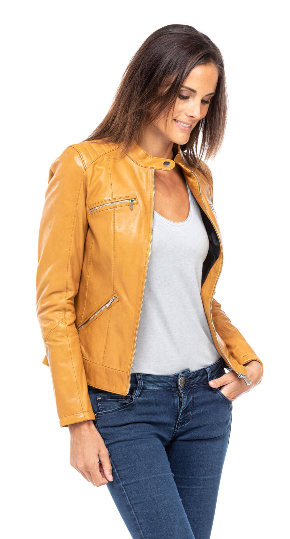 Veste cuir moutarde clearance