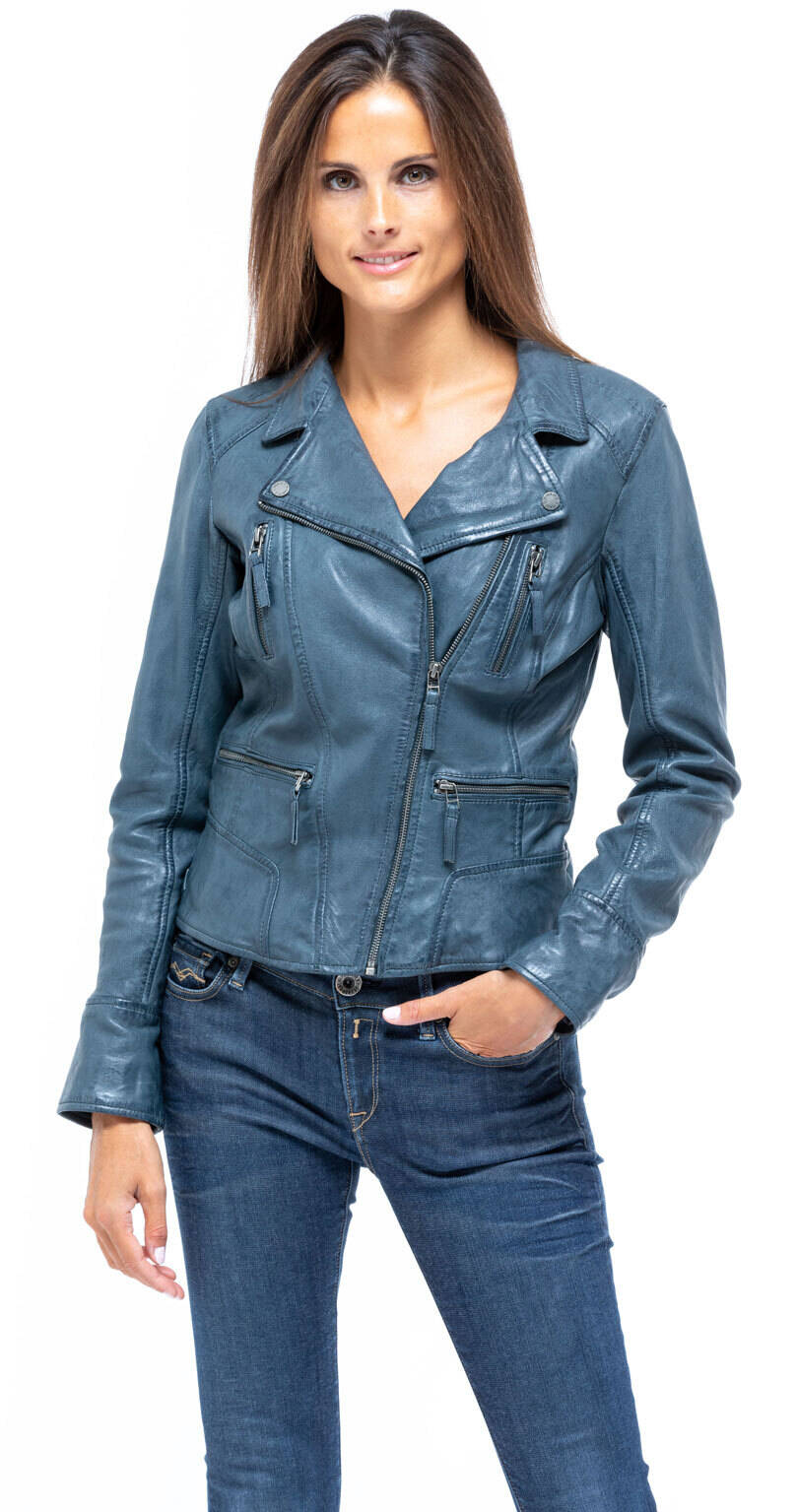 blouson cuir femme oakwood 60861 petrole style perfecto rock mannequin (2)