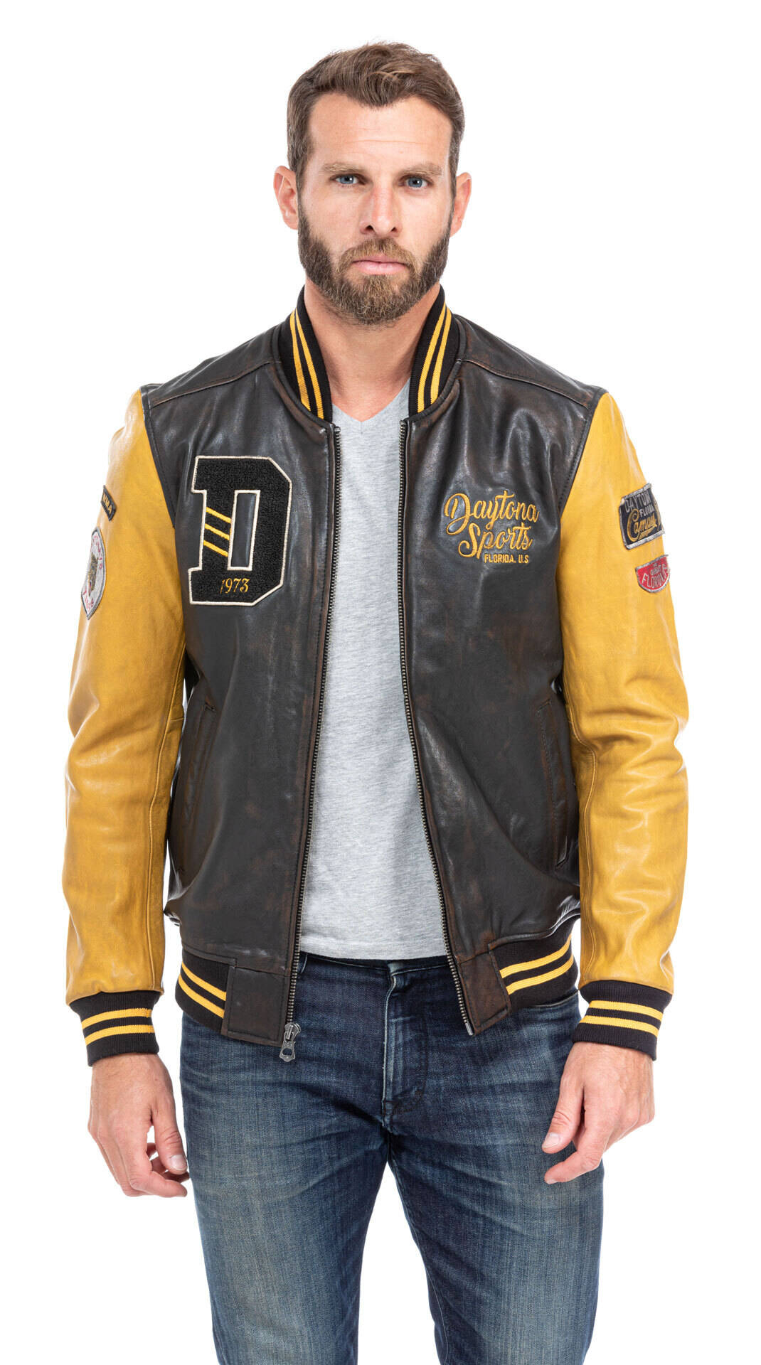 blouson cuir homme daytona teddy noir jaune 101489 (1)