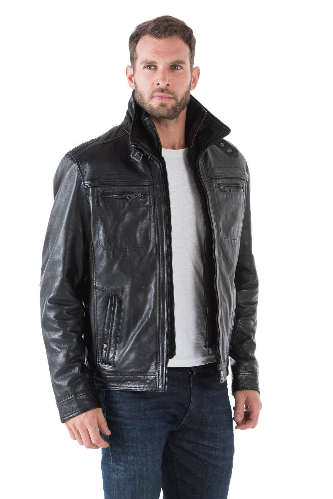 Veste cuir homme col chemise deals