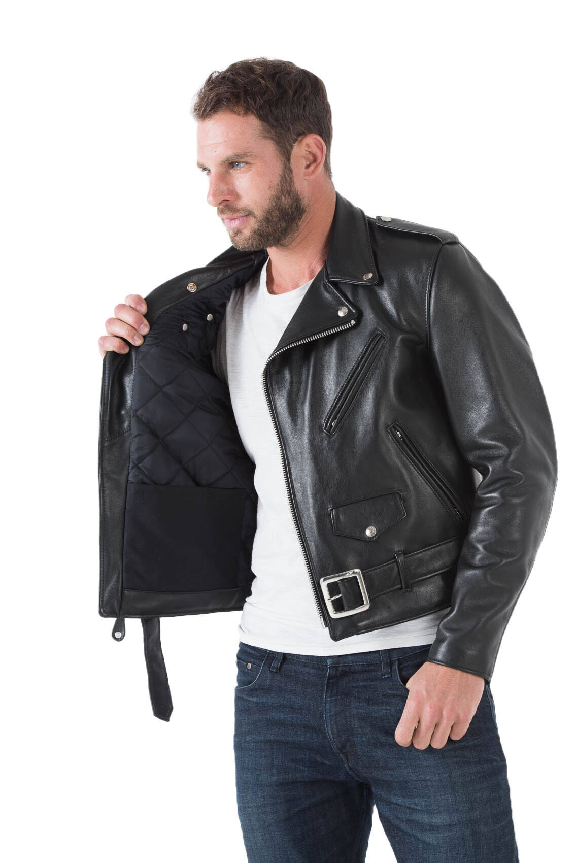 Veste en cuir store noir avec ceinture