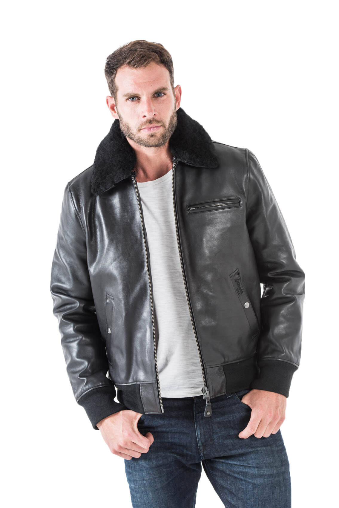 Blousons cuir en cuir vachette ref LC 1380 noir noir