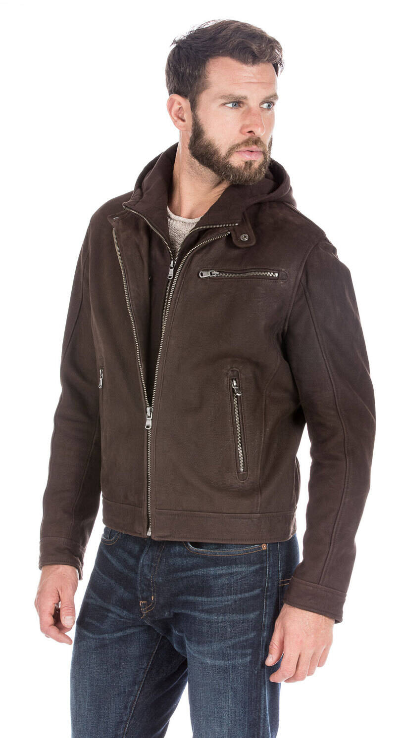 Blouson cuir homme timber marron foncé à capuche 100663-14119