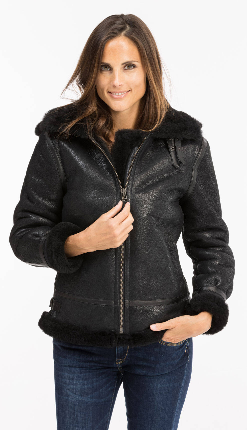 Blousons cuir en cuir mouton ref BOMBARDIER CAPUCHE noir noir