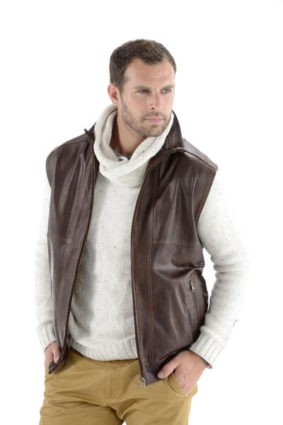 gilet sans manches 2010- gilet cuir homme marron details