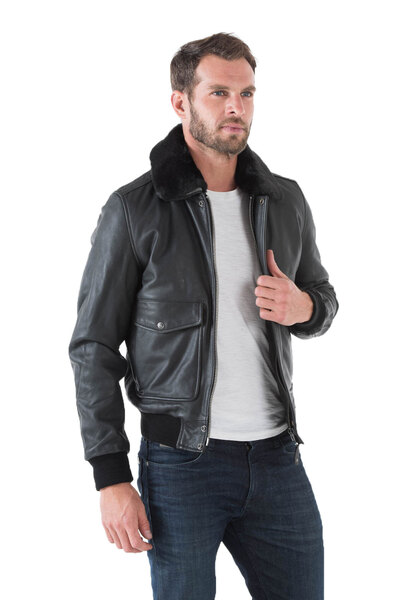 Blouson bi matiere homme schott LC 5331 X style pilote aviateur col fourrure biais