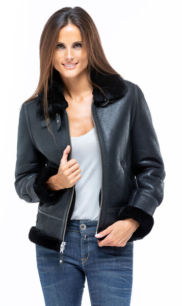 blouson bombardier mouton noir schott 1257 chaud hiver peau retournée mannequin (1)