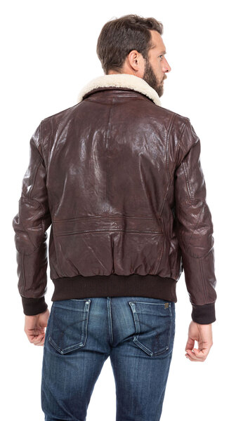 blouson cuir homme agneau marron fonce pilote 100756 col fourrure (7)