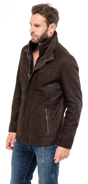 Veste cuir homme aspect nubuck 100965 bis marron demi longueur mannequin (2)