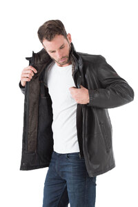 Veste cuir homme marron fonce 42526 classique élégant col chemise chaud hiver doublure