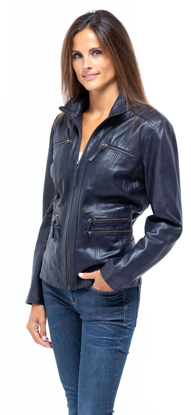 Blouson cuir femme bleu marine sale