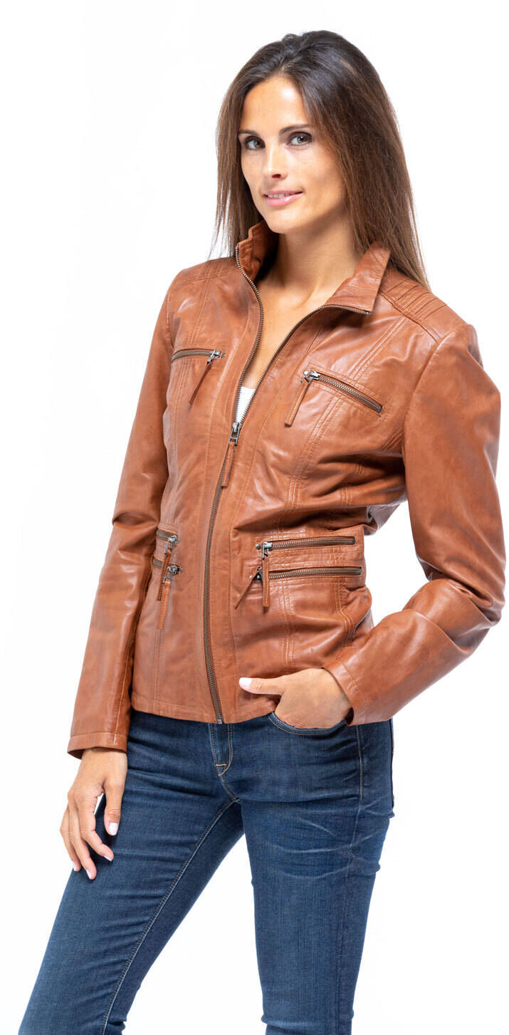 Veste cuir camel femme sale