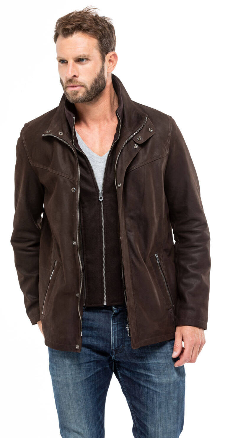 Veste cuir homme aspect nubuck 100965 bis marron demi longueur mannequin (7)