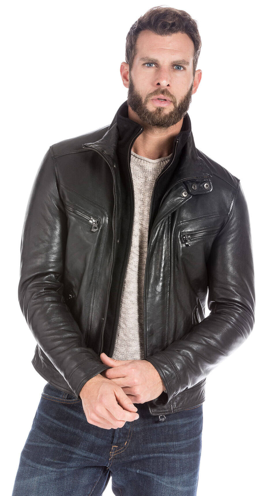 Veste cuir homme noir classique 100737-14160